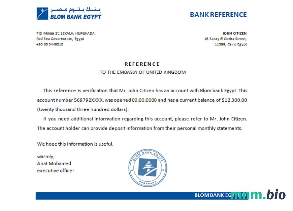 Przykład odniesienia do banku Egypt Blom w formatach Word i PDF